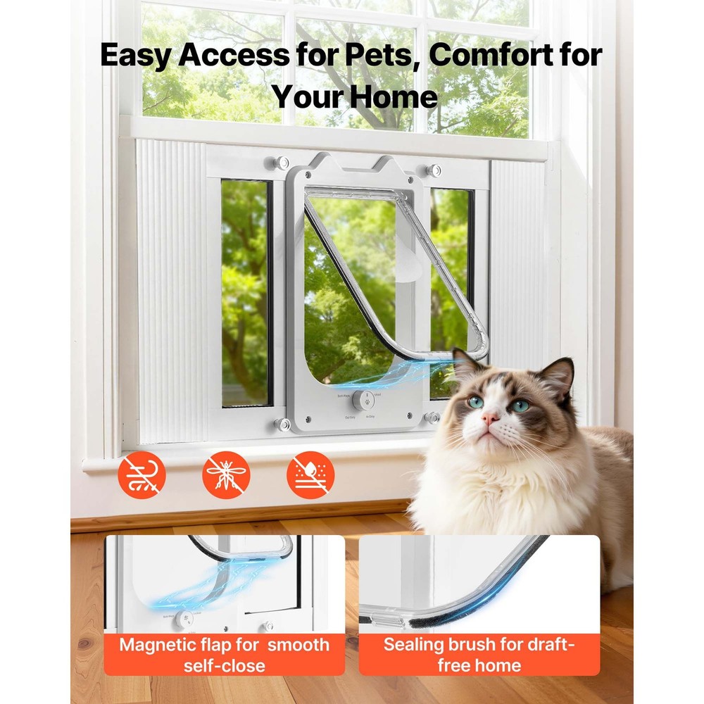 Cat Door for Window, Adjustable to Fit Window Width 23"-28", 4 Secure Lock Modes