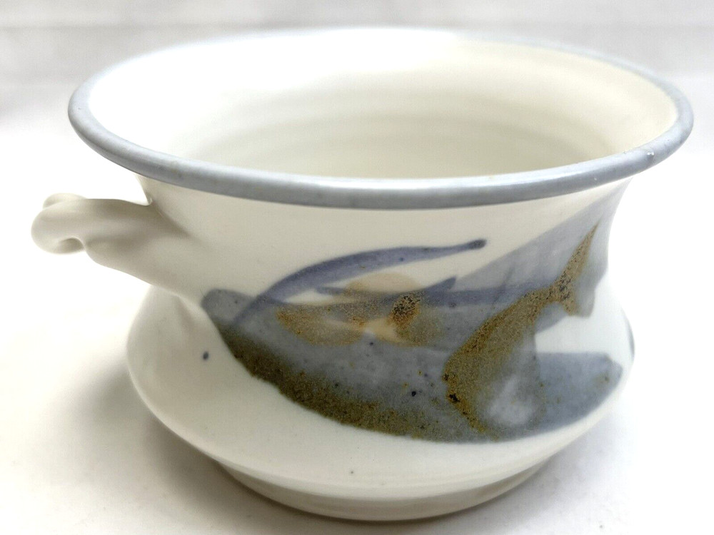 Studio Art Pottery Trinket Dish Blue Brown White Twisted Handle Signed Nautical