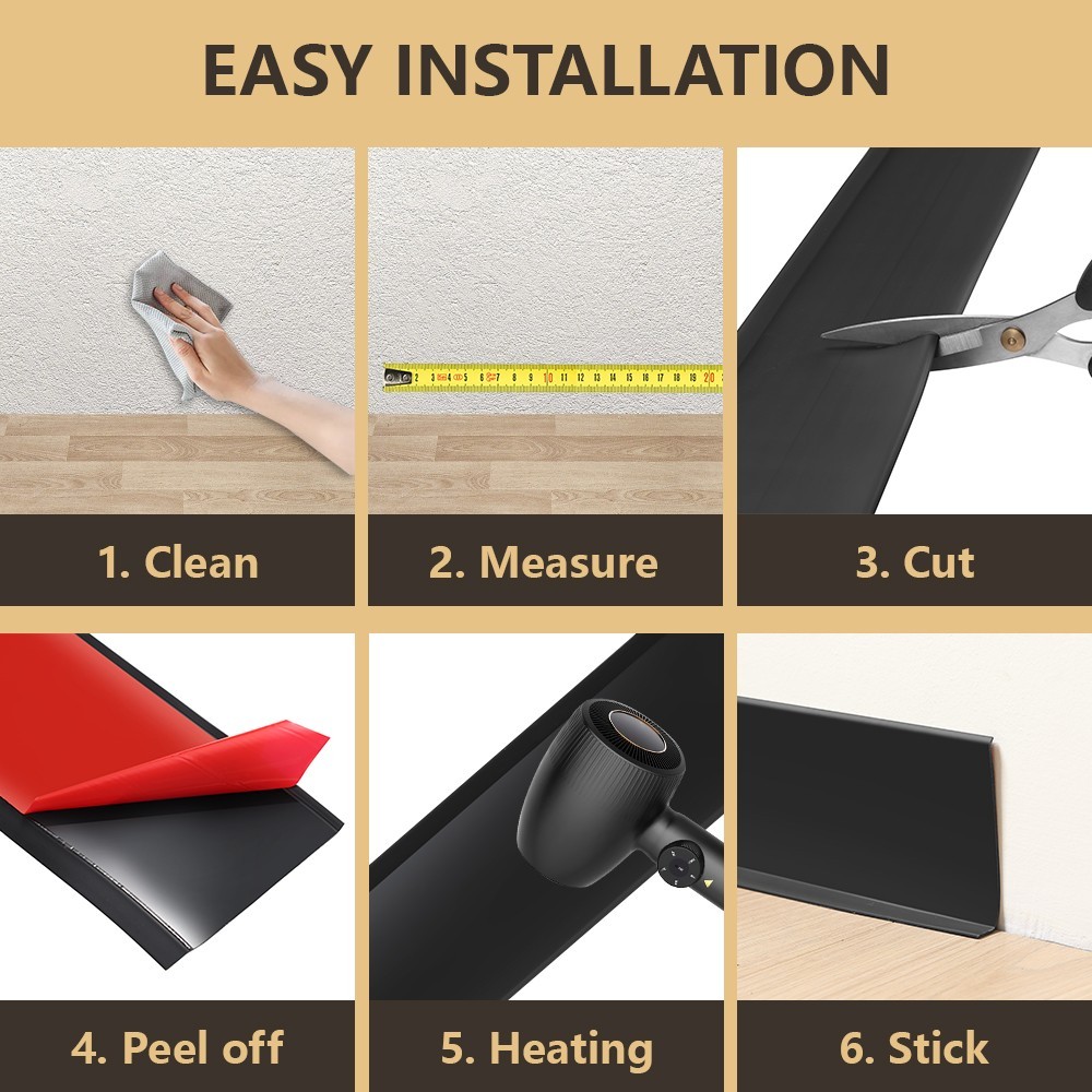 Vinyl Wall Base Baseboard Molding Trim 20FT/40ft Flexible Self Adhesive Black