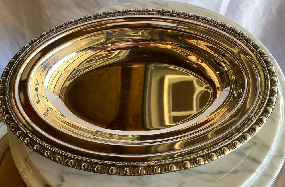 Oval Silverplate Covered Serving Dish Handles Beaded Edge