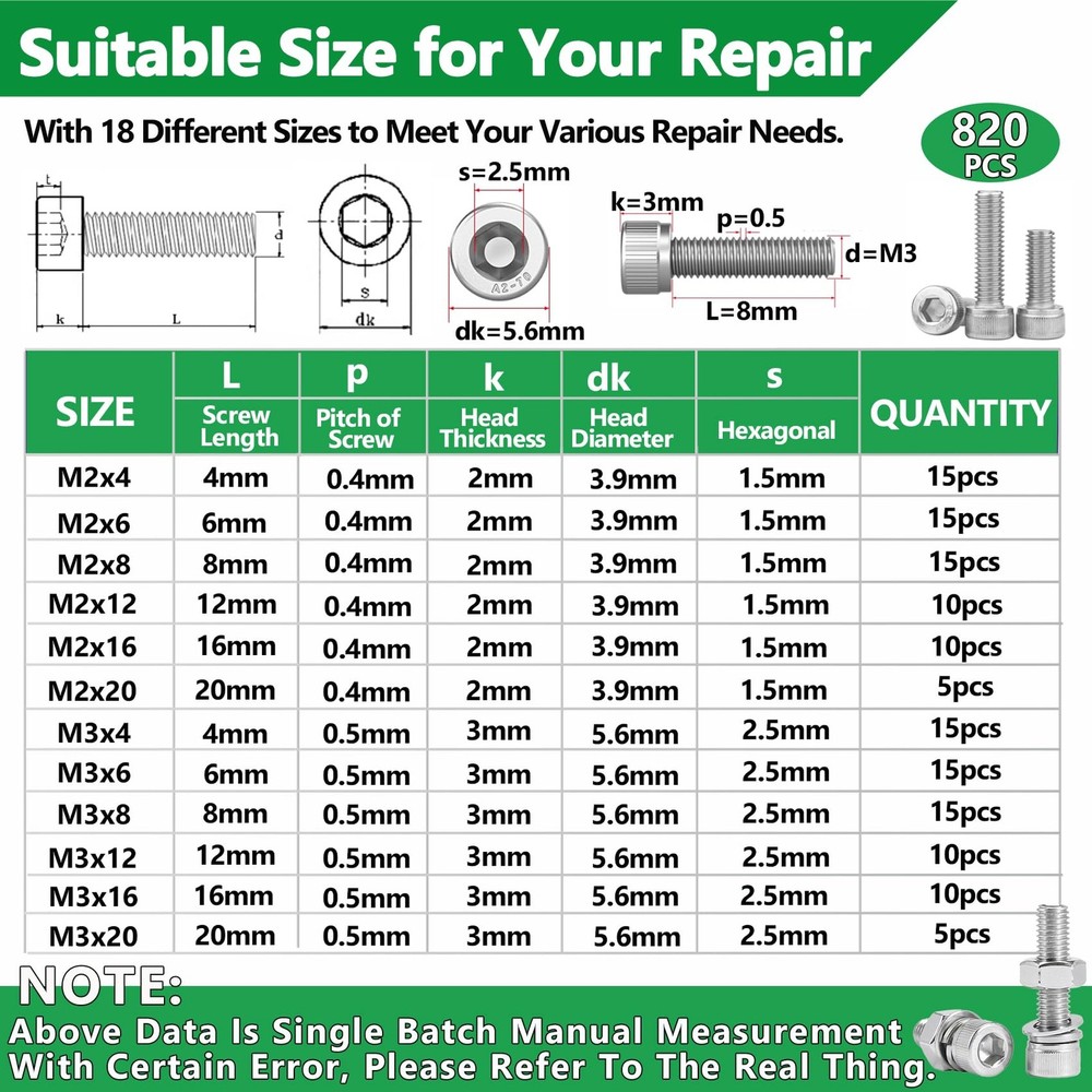 Screws and Nuts, SS M2 M3 M4 820pcs C, 820Pcs Silver Hex Socket Head