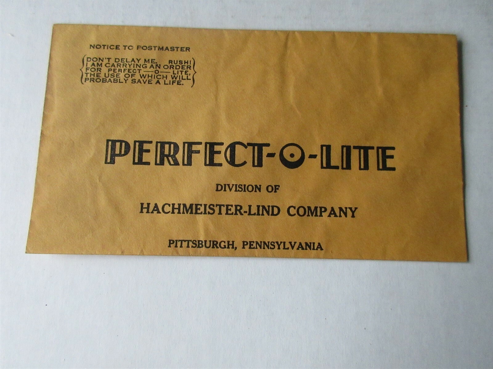 Perfect-O-Lite Car Headlight Envelope Hachmeister-Lind Pittsburg Advertising