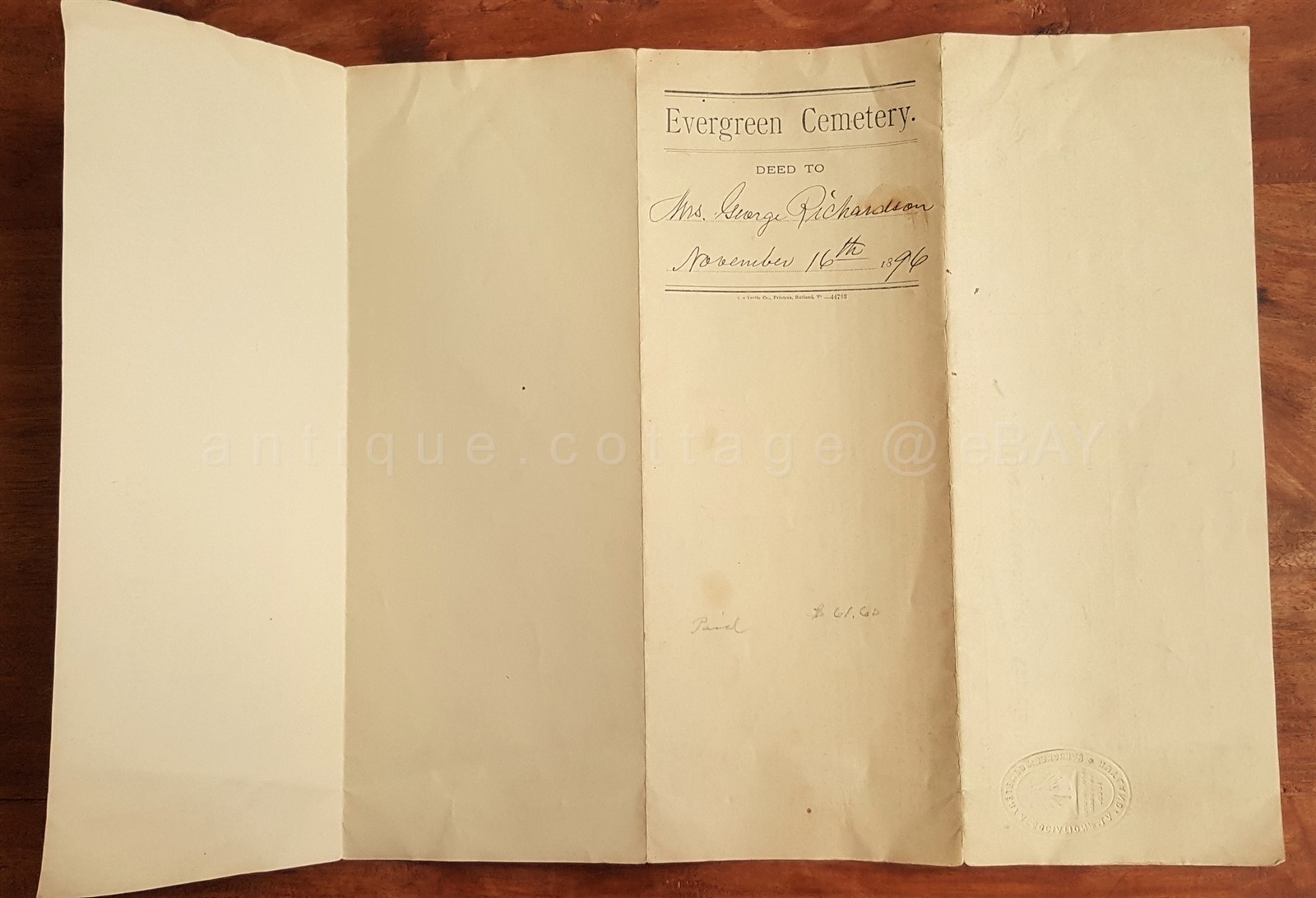 1896 antique EVERGREEN CEMETARY rutland vt PLOT DEED george richardson