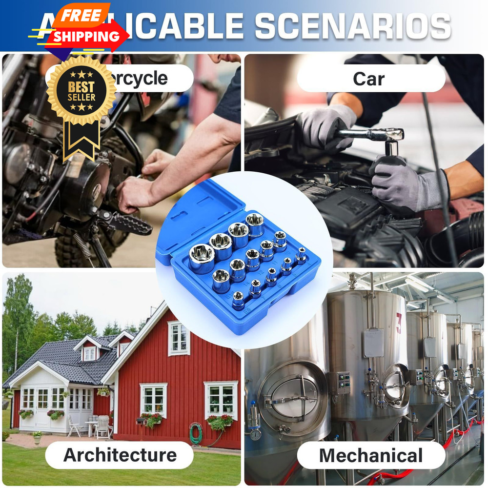 14-Piece Female E-Torx Socket Set, E4-E24 External Star Sockets, 1/4" 3/8"...