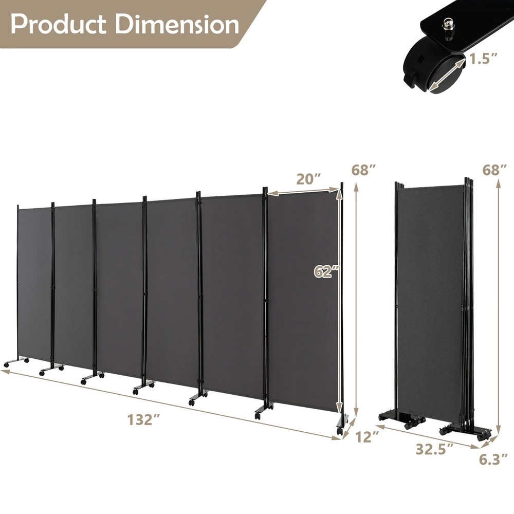 6 Panel 6' Room Divider Gray JV10725GR
