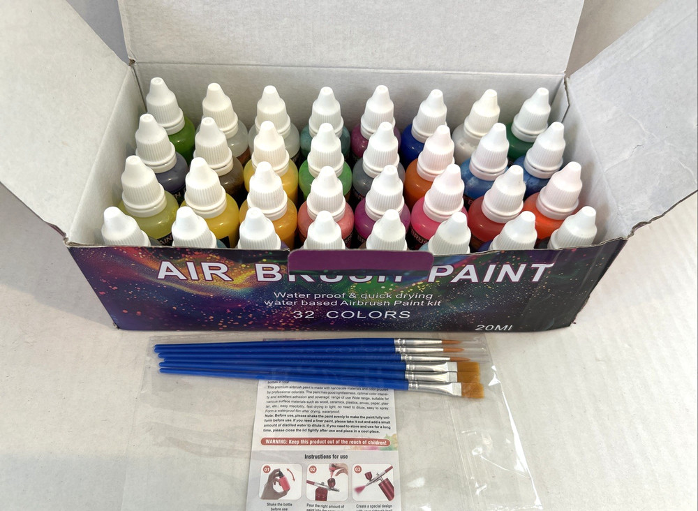 AIR BRUSH PAINT SET 30 COLORS & 2 THINNERS WATERPROOF QUICK DRYING MULTI SURFACE