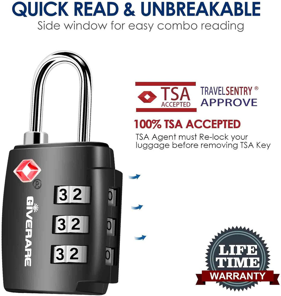 2 Pack TSA Accepted 3-Digit Luggage Locks, Keyless Alloy Padlocks, Compact Black