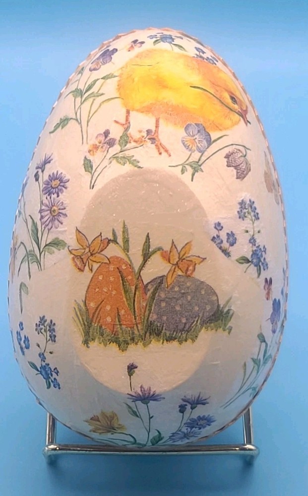 2 Hand Painted Decoupage Paper Mache Easter Egg Container Boxes Victorian Style