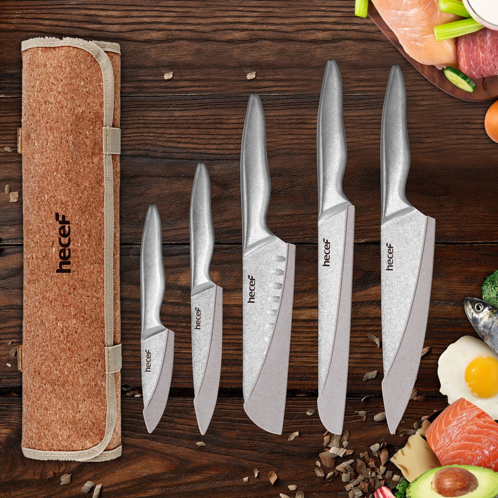 Hecef 11Pcs Knife Set Stonewashed Rustproof Stainless Steel Sharp Cutting Knife