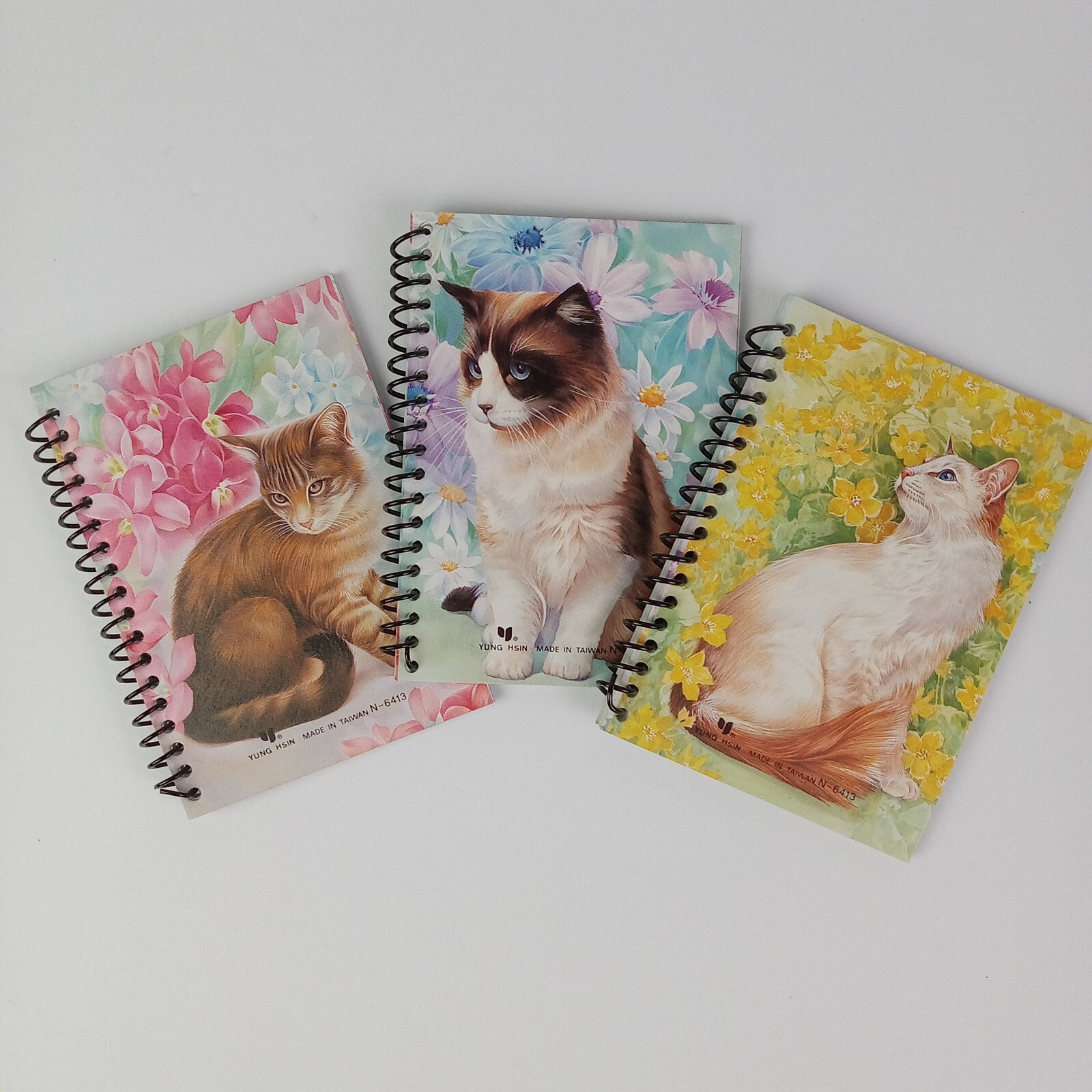 3 Vtg Cat Mini Notebooks Kitty Flowers 90s Lined Pages Spiral Yung Hsin READ