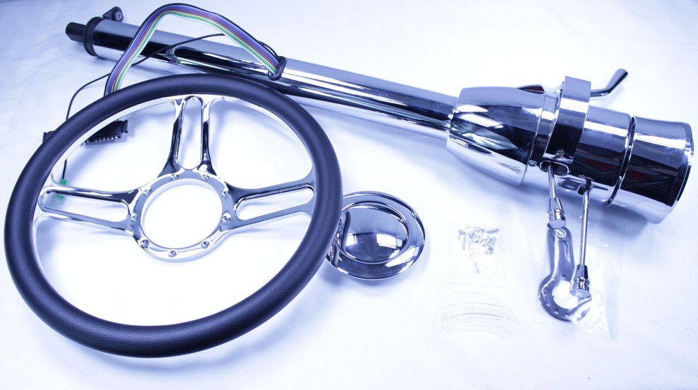 30" Chrome Automatic Auto Tilt Shift Steering Column & 14" Wheel Horn Button Kit