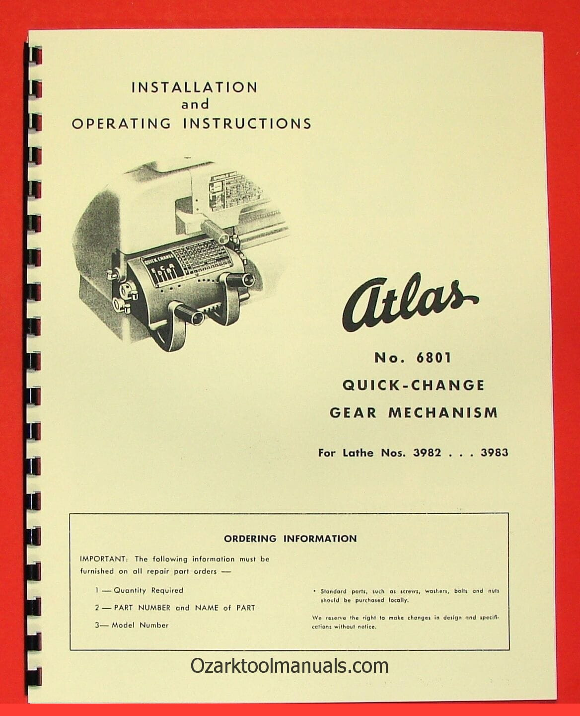 ATLAS/CRAFTSMAN 12" New Quick Change Gear Box Instructions & Parts Manual 0048
