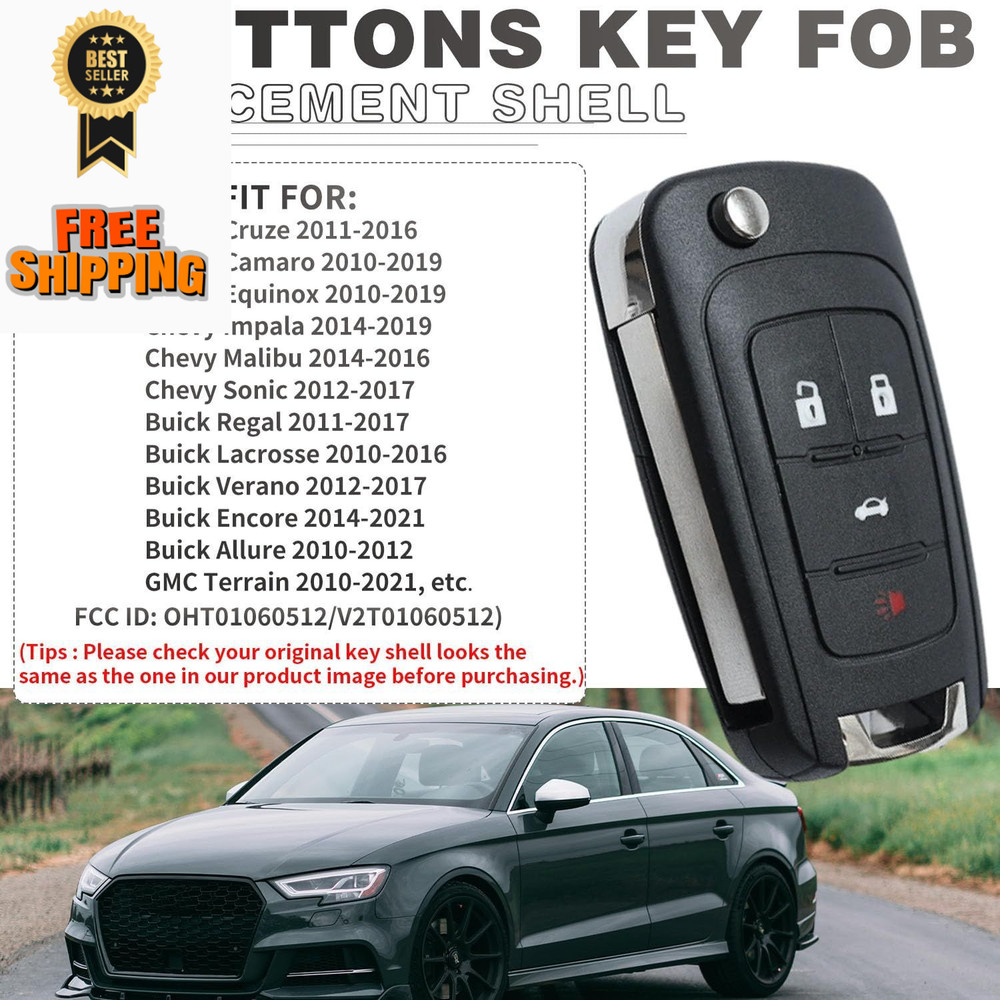 2 Pack Flip Key Fob Case Shell Replacement 4 Button for Chevy Cruze Black