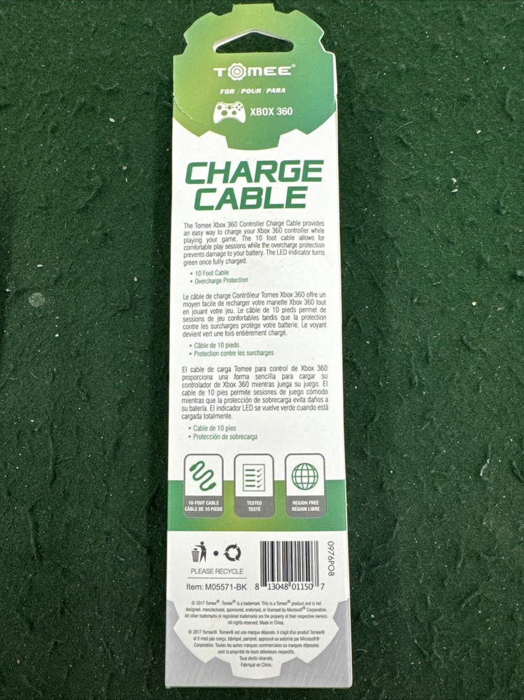 Xbox Black 360 Controller Charge Cable Tomee