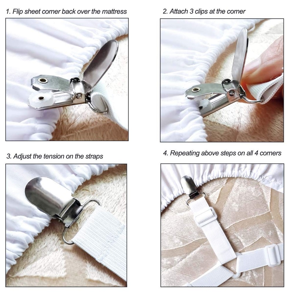 4 PCS White Triangle Bed Sheet Holder Straps, Adjustable Elastic Corner Clips