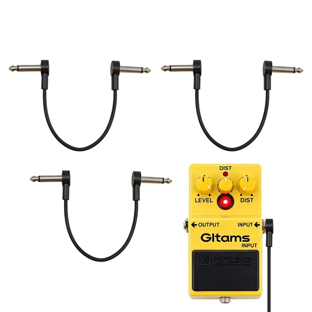 3-Pack Guitar Pedal Cables, 1/4 Inch Flat Patch Cables with Right Angle Conne...