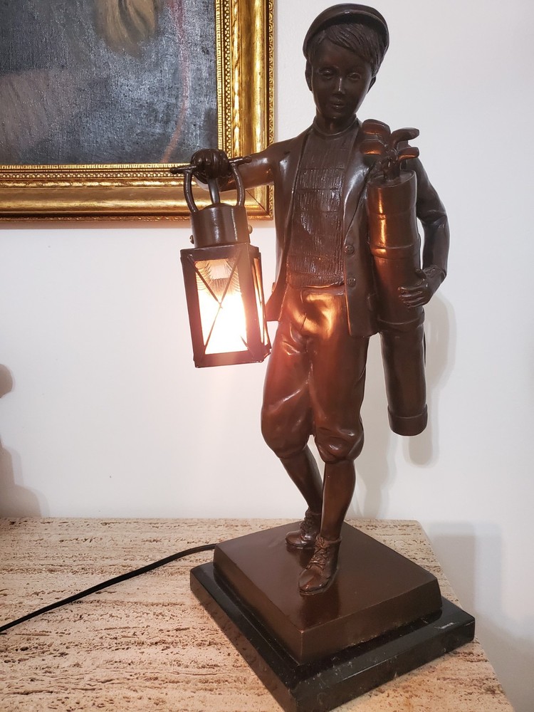 Bronze Boy Golfer Caddy Lantern Light Statue H 23"