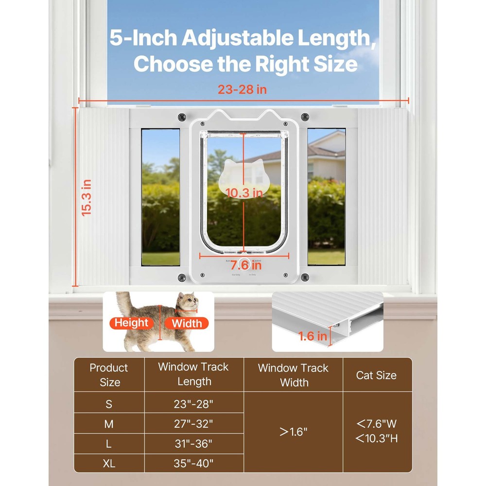 Cat Door for Window, Adjustable to Fit Window Width 23"-28", 4 Secure Lock Modes
