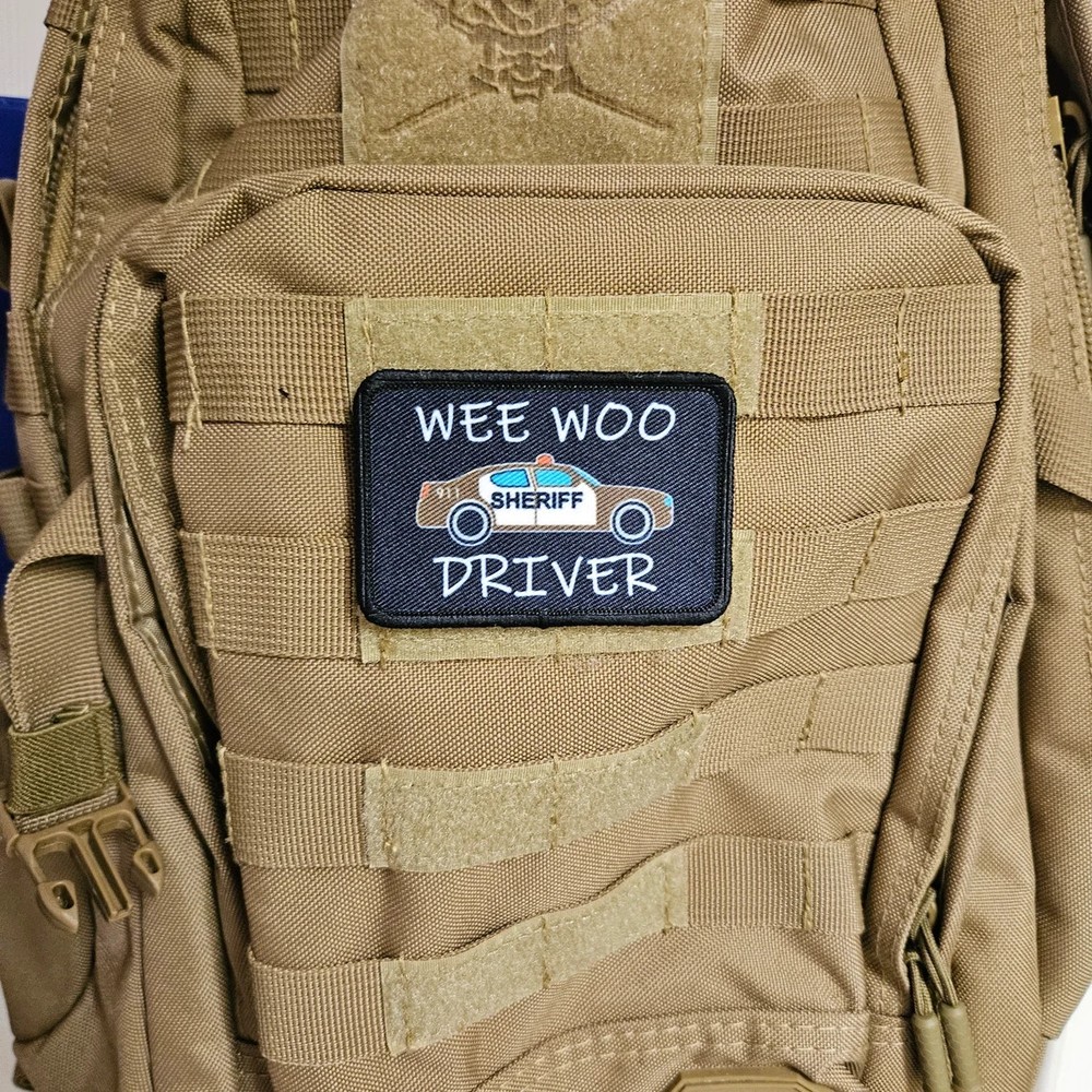 Wee woo driver sheriff brown car funny 2"x3" removable patch hook and loop back