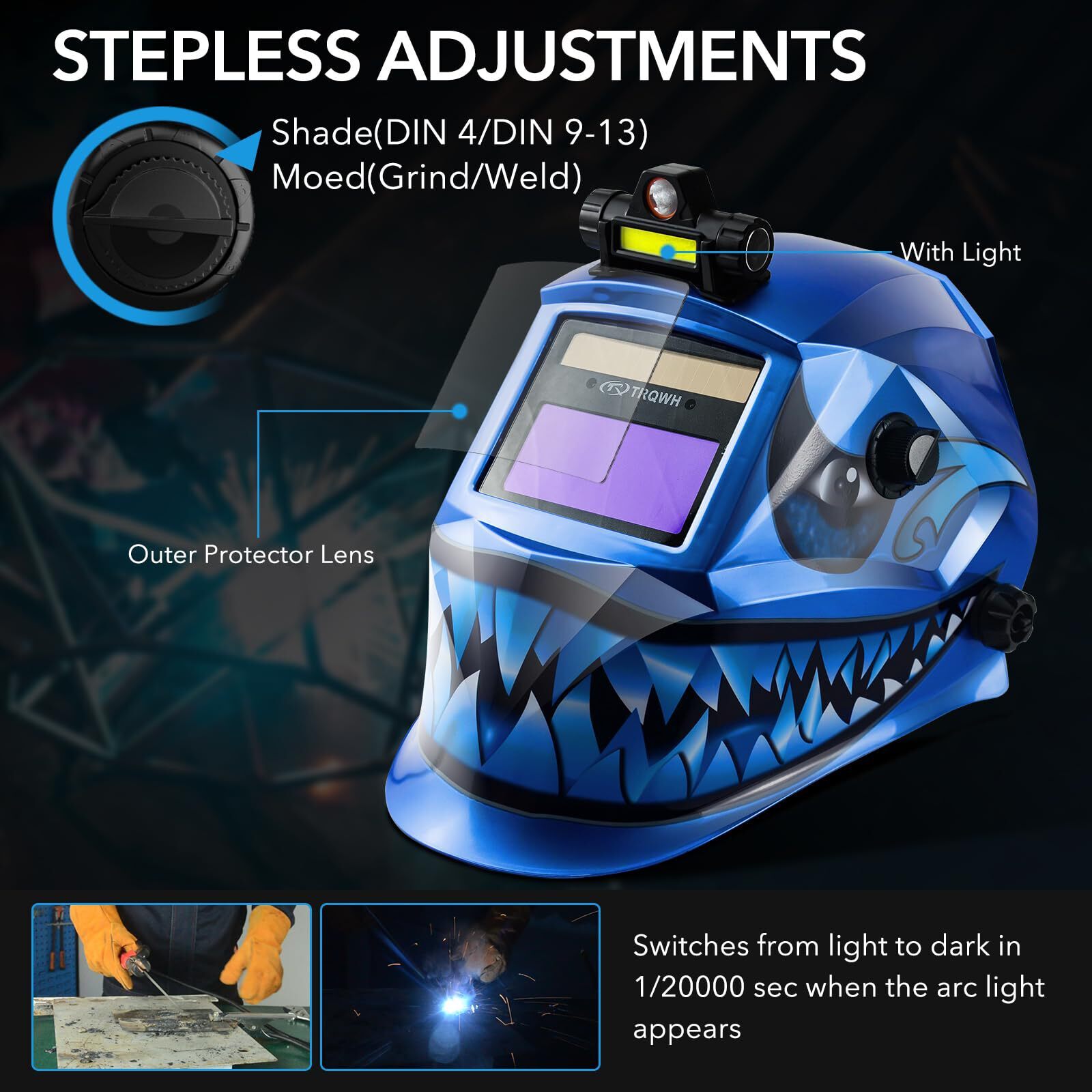 TRQWH True Color Auto-Darkening Welding Helmet with LED Light & Grind Mode