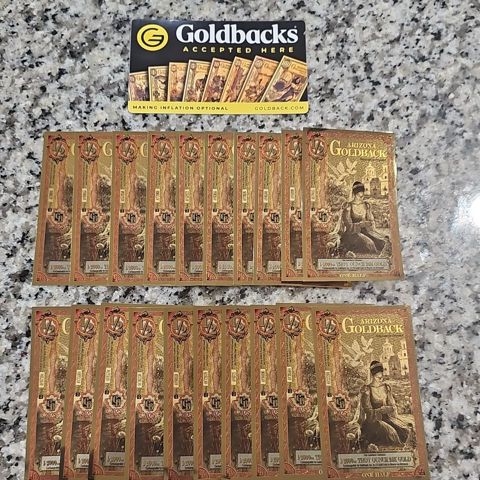 Goldback 2025 1/2 Gold Note Lot 20pcs 1/2000 oz .999 Gold Bar 20/2000 oz