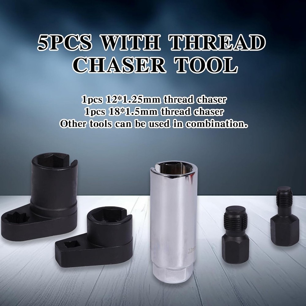 5pcs Oxygen O2 Sensor Socket Remover/Installer Thread Chaser Tool Set Kit 22mm