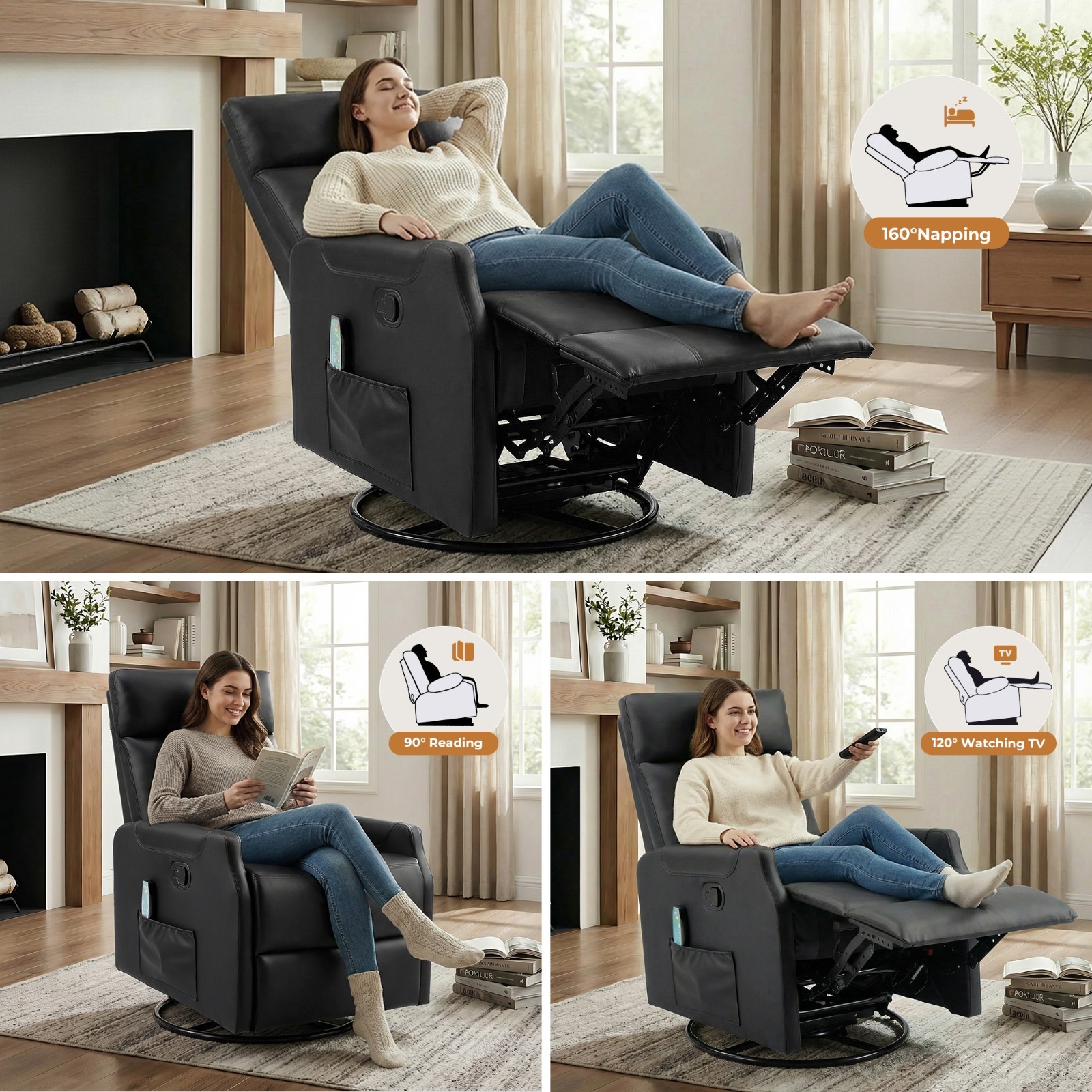 EBELLO Manual Swivel Recliner Chair with Massage & Heat, PU Leather Rocker Chair