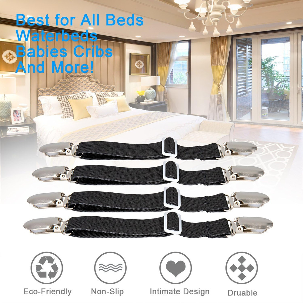 4Pcs Adjustable Bed Sheet Fasteners Suspenders, Elastic Sheet Band Straps Cli...