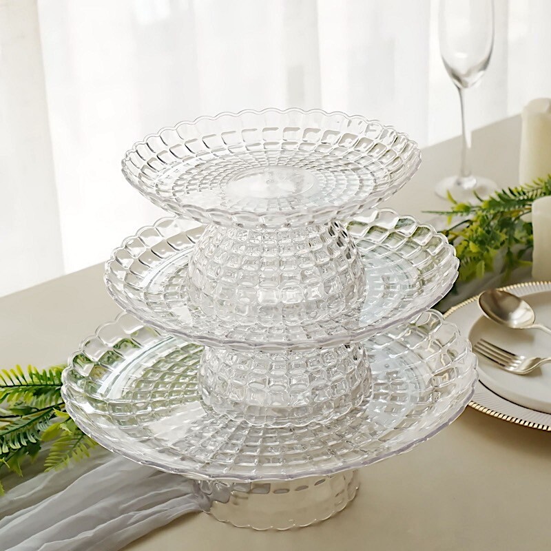 CLEAR 3 Plastic Stackable Pedestals Pressed Design CUPCAKE STANDS Set Party Home