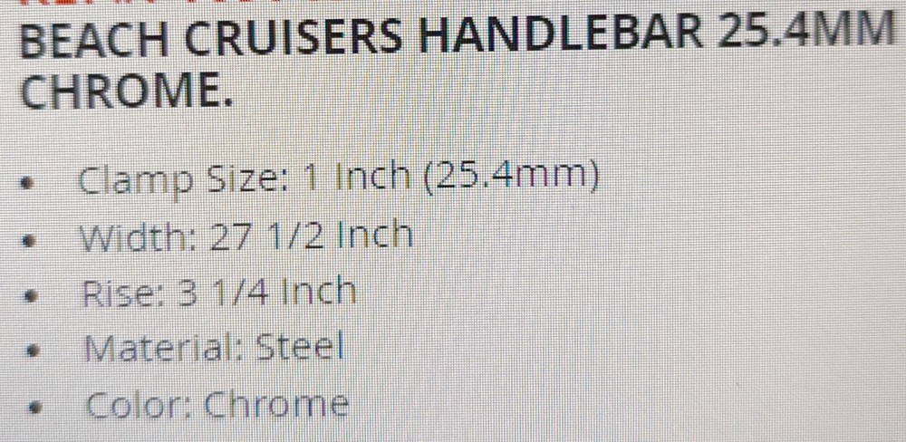 NEW CHROME BEACH CRUISER HANDLE BARS (25.4 MM ) (10"pullback)