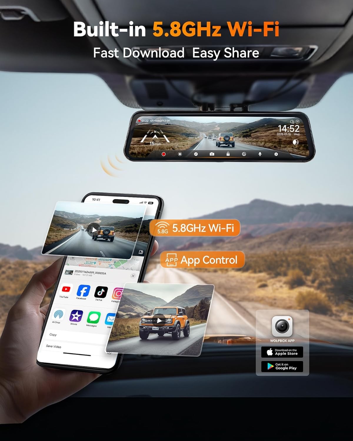 WOLFBOX G900 Tripro 3 Channel 4K Dash Cam Bumper STARVIS 2 WiFi Voice Control