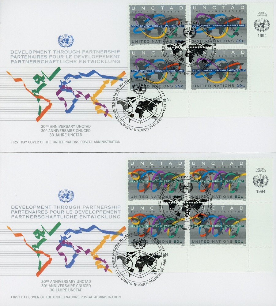 United Nations 653-654 FDC Set Development through Partnership MI4 Block