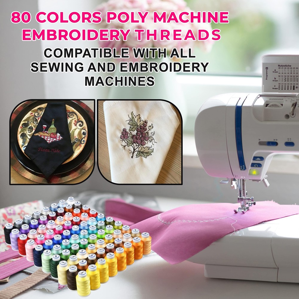 80 Spools Embroidery Sewing Machine Polyester Thread 120D/2 40weight Each Spo...