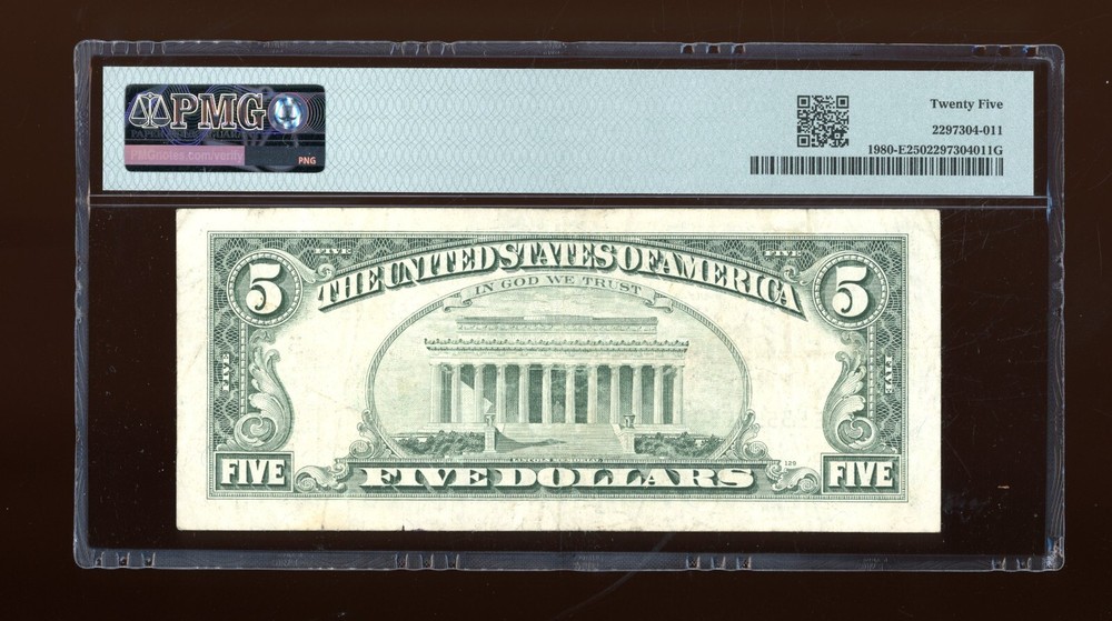 DBR 1988-A $5 Richmond Fr. 1980-E PMG 25 Seven 5s! Binary Serial E55555553E