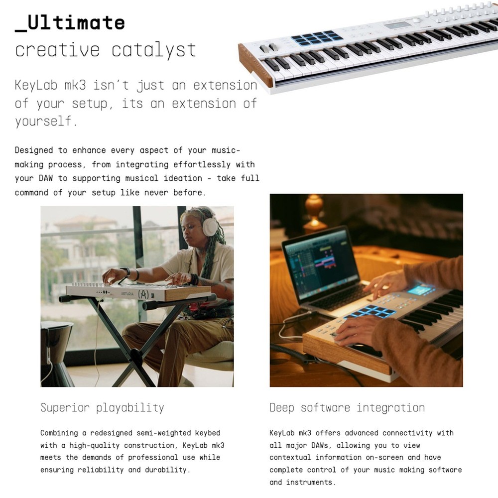 Arturia KeyLab Mk3 61 Keyboard White MIDI Controller with DAW Integration Bundle