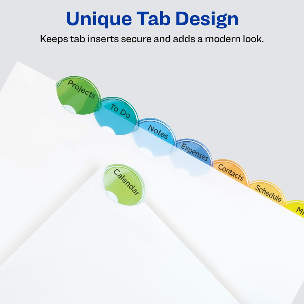 Insertable Style Edge Plastic Dividers for 3 Ring Binders, 8-Tab Set, Multicolor