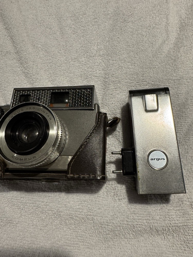 Argus Autronic 35mm Camera Silver Black with Case & Flash Attachment