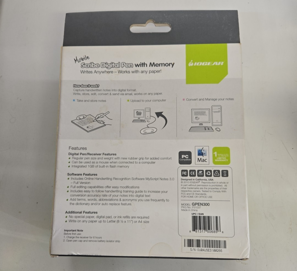 IOGEAR Digital Scribe GPEN300 USB Pen Tablet Digitizer Convert Handwritten Note