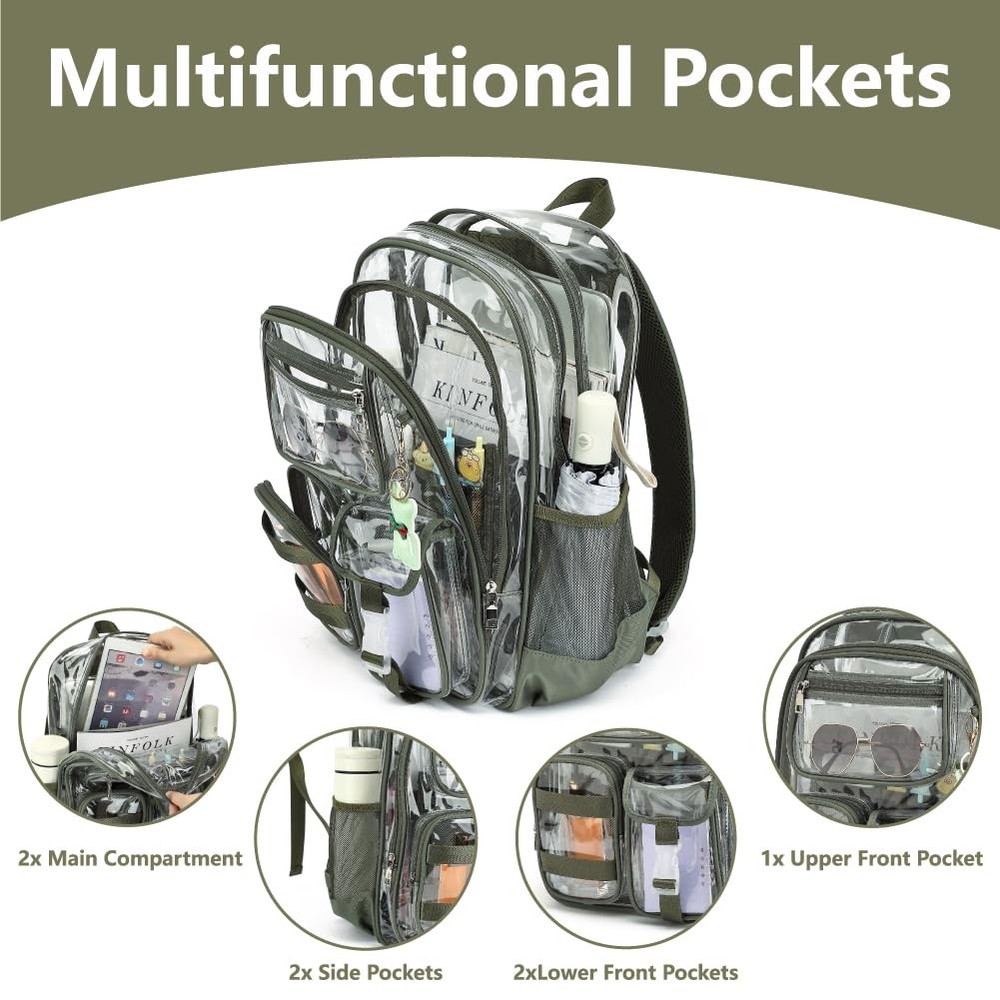 Clear Backpack Heavy Duty Transparent School Bag See Through Pockets Grey