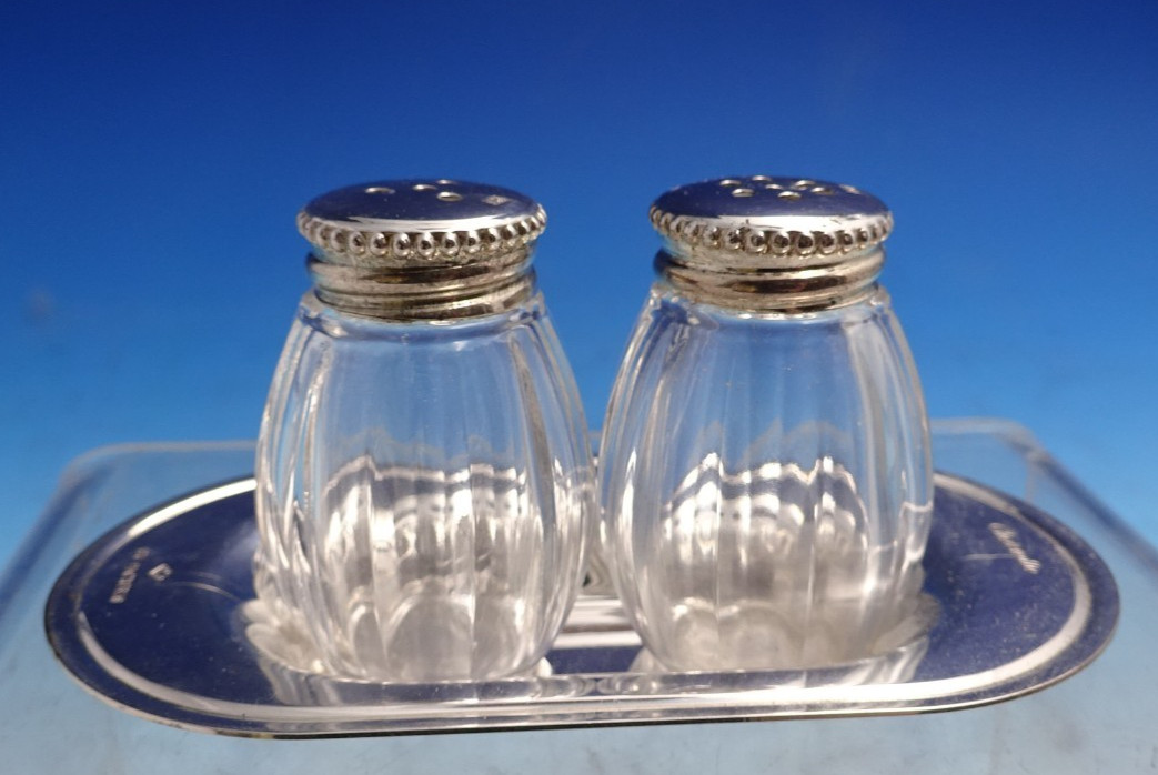 Perles by Christofle Sterling Silver Glass Salt Pepper Shaker Set w/Tray (#8748)