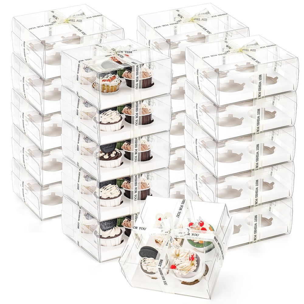 Clear Cupcake Boxes Gift Ribbon 4 Count Plastic Containers 20 Pack