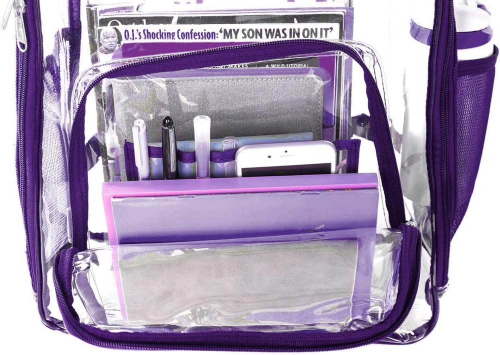 K-Cliffs Clear Backpack Quality See Through Student Bookbag Clear/Purple Trim