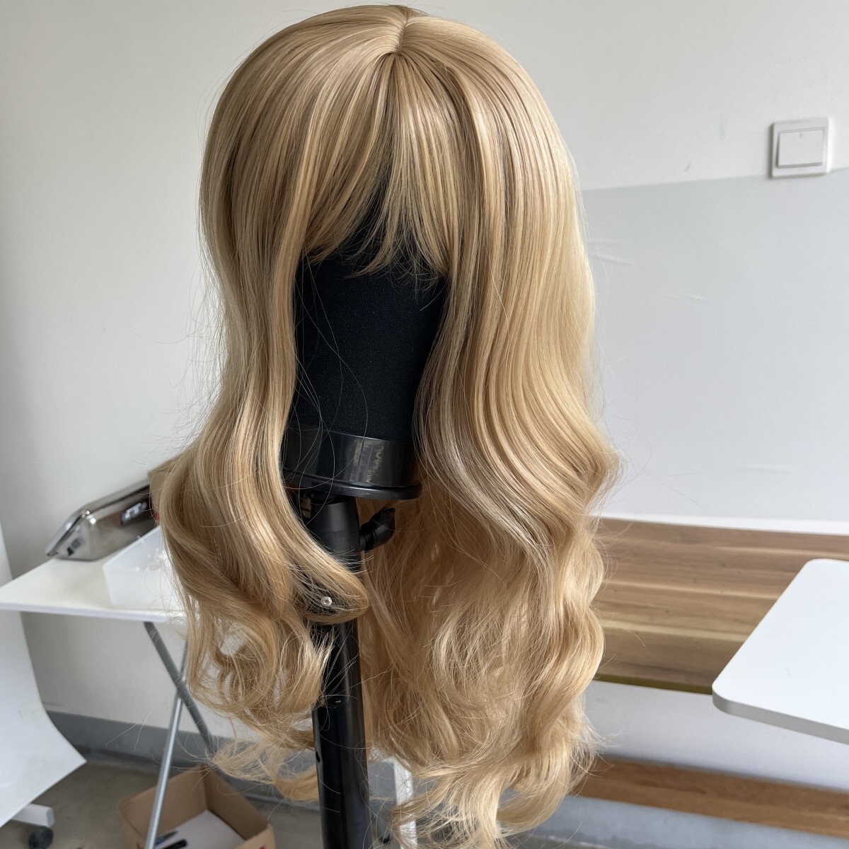 Soft Layered Honey blonde Dress Up Wigs With Bangs Long Wavy Heat Resistant Hair