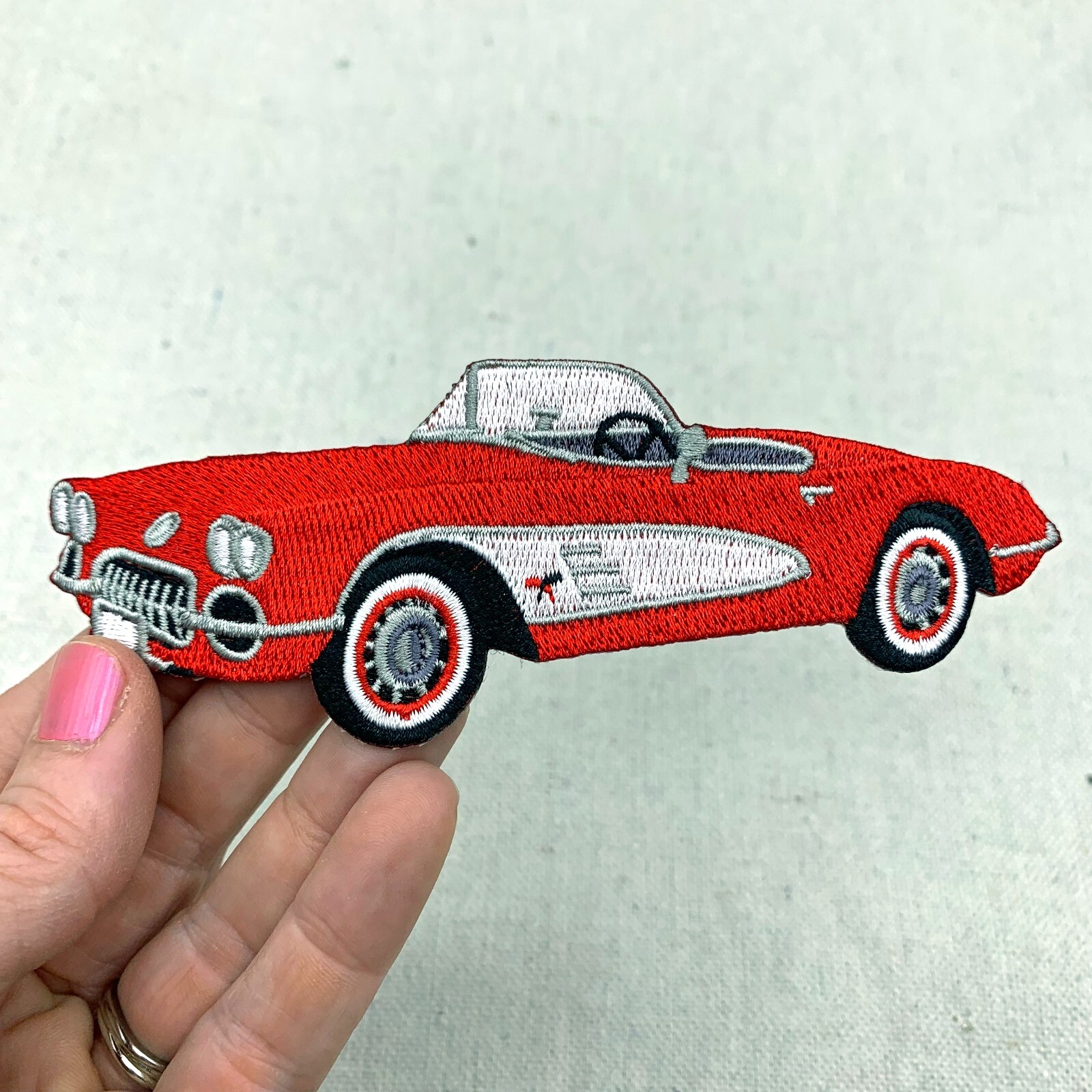 RED CONVERTIBLE CAR iron-on PATCH embroidered CLASSIC 1960s AUTOMOBILE CORVETTE