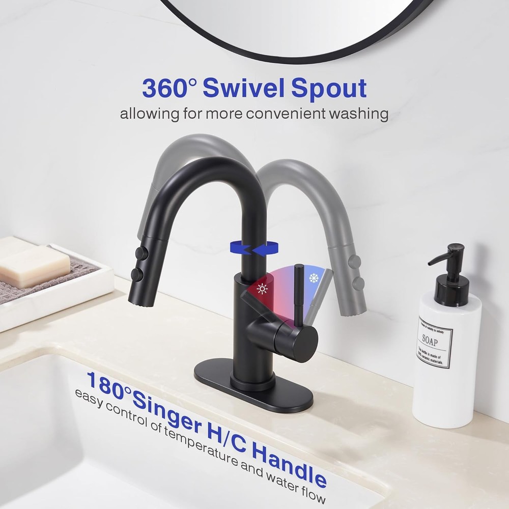 Bathroom Sink Faucet W/ Pull Down Sprayer Matte Black Single Handle Pull Out