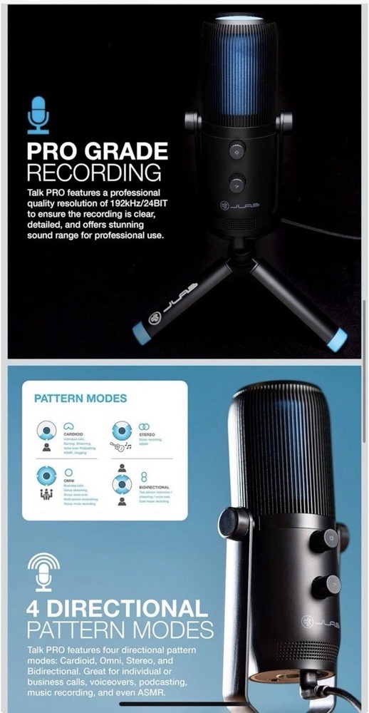 JLab Talk Pro USB Microphone, Black, 4 Modes, Volume & Gain, Quick Mute