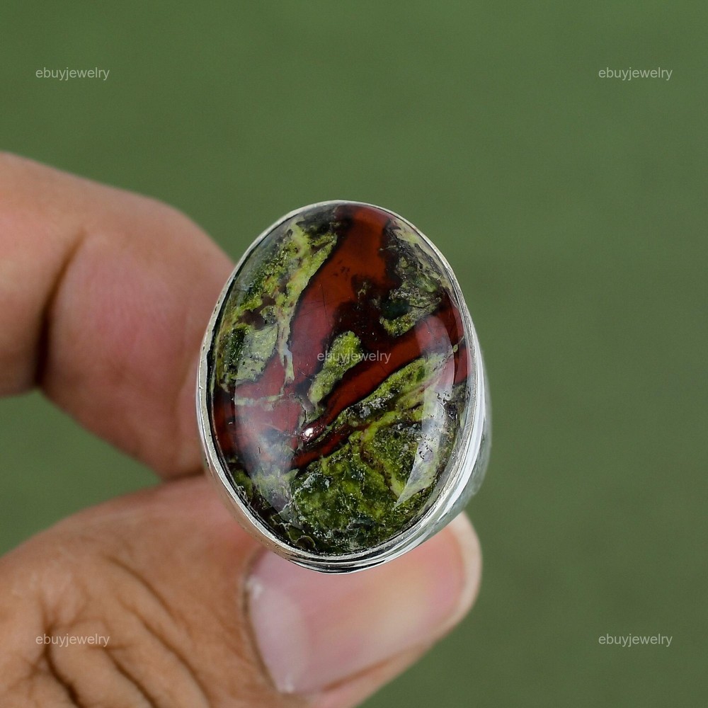 Oval Natural Dragon Bloodstone Statement Stackable Promise Ring Sterling Silver