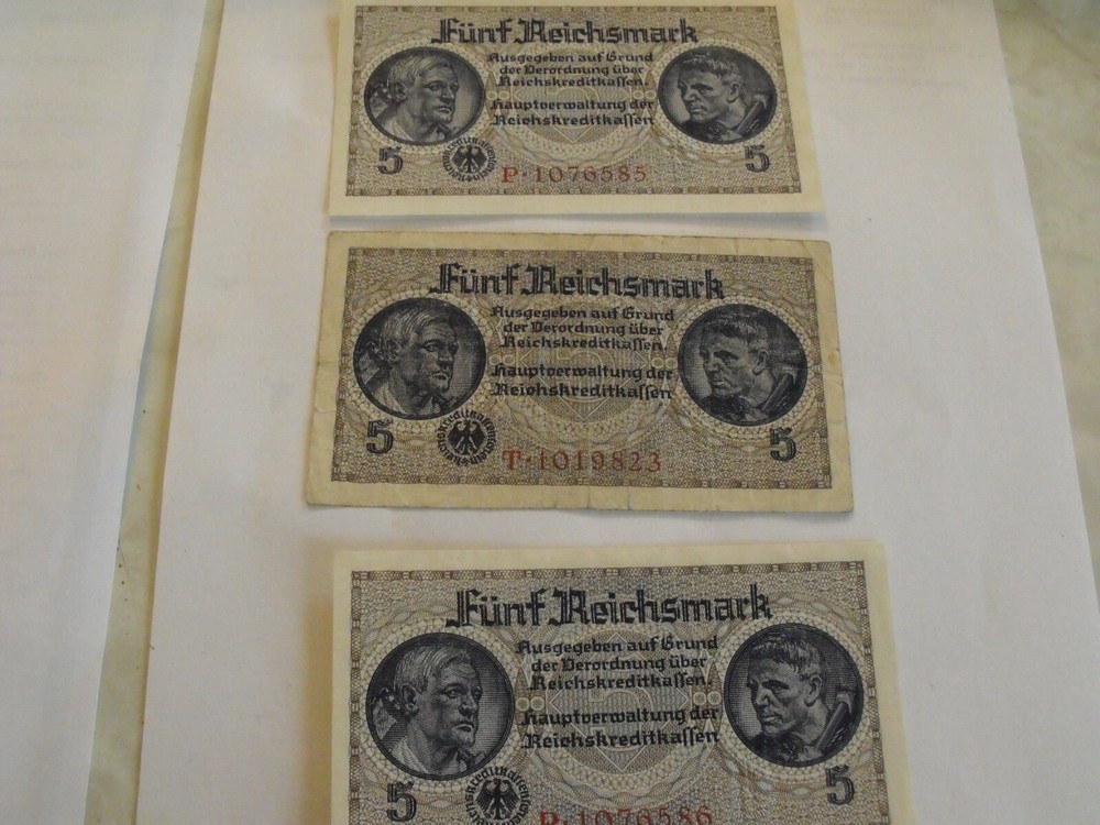 (6) German 5 Reichsmarks currency