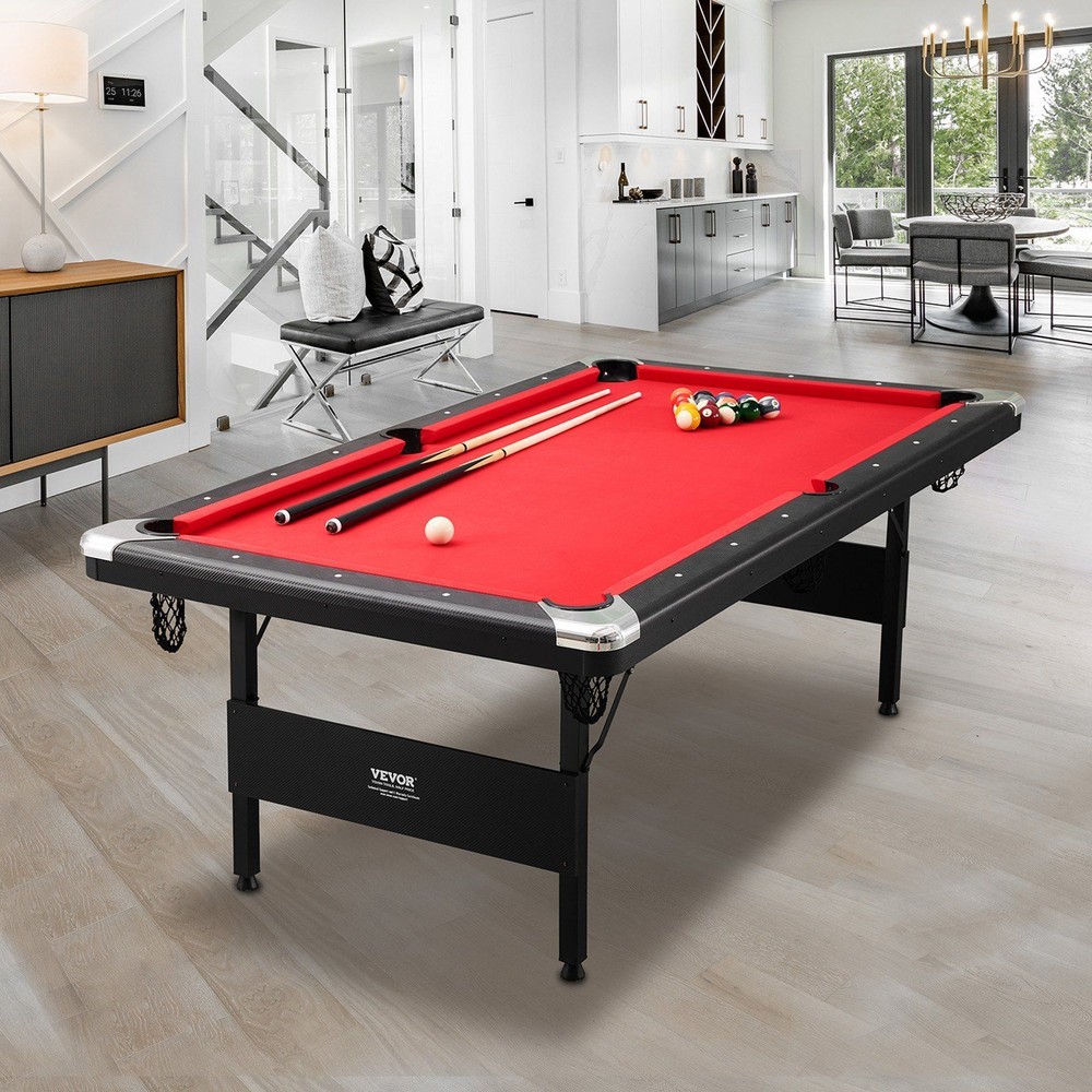 7ft Portable Foldable Billiards Table Black with Red Cloth Billiard Table Set