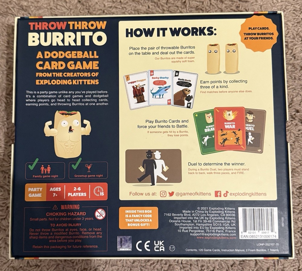Throw Throw Burrito Dodgeball Card Game 2021 Exploding Kittens-Open Box